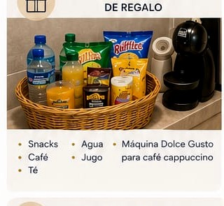 Canasto de bienvenida con snacks y bebidas